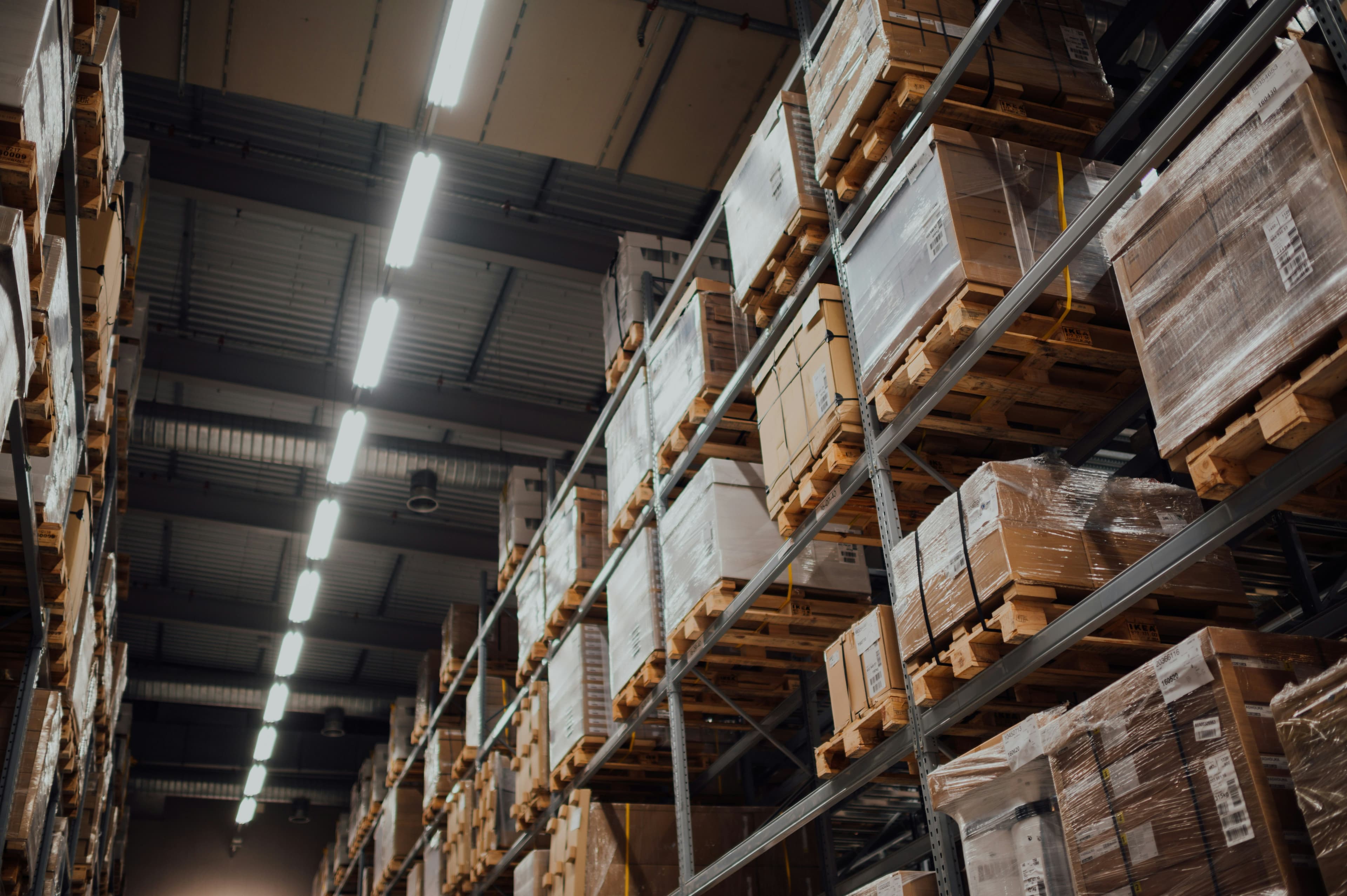 Boxes on shelves in a warehouse